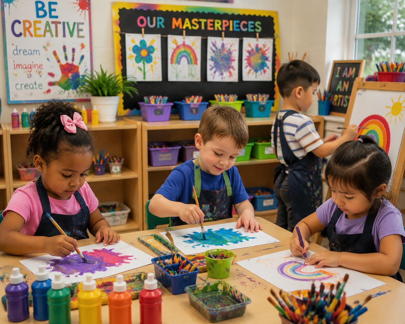 Crianças criando arte em uma sala de aula de pré-escola